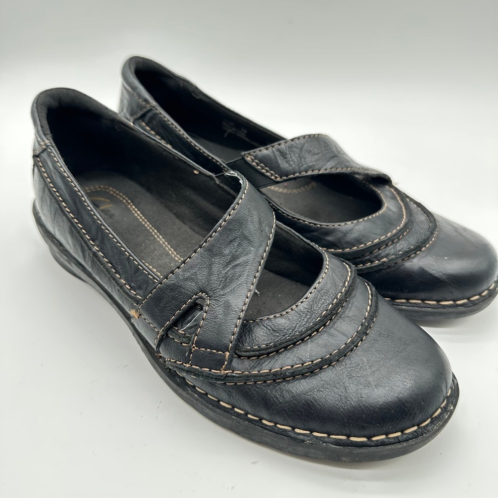 Clarks Bendables Black Leather Mary Jane Flats Shoes Womens 8M Contrast Stitch